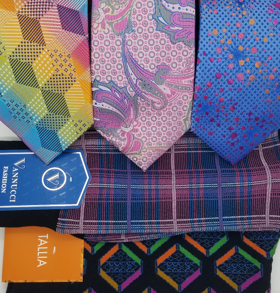 3 ties and 2 socks that are bold and bright
