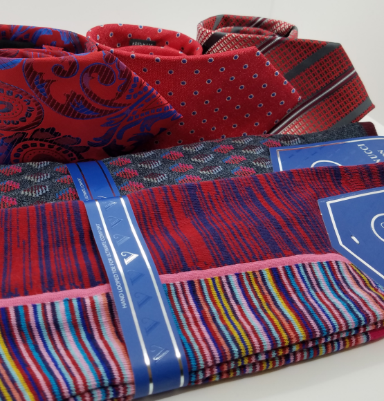 3 ties and 2 coordinating socks featuring bold red colors