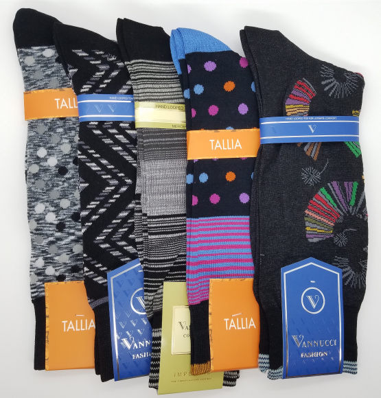 5 pairs of black based socks in a line